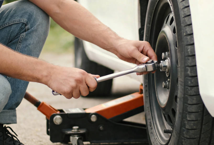 Loosen lug nuts, jack up the car, and remove wheels