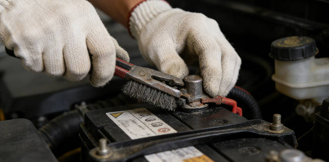 Use a wire brush to clean corrosion from terminals and clamps