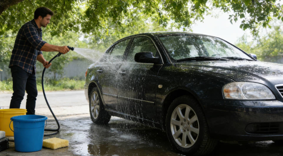 Washing car in shade