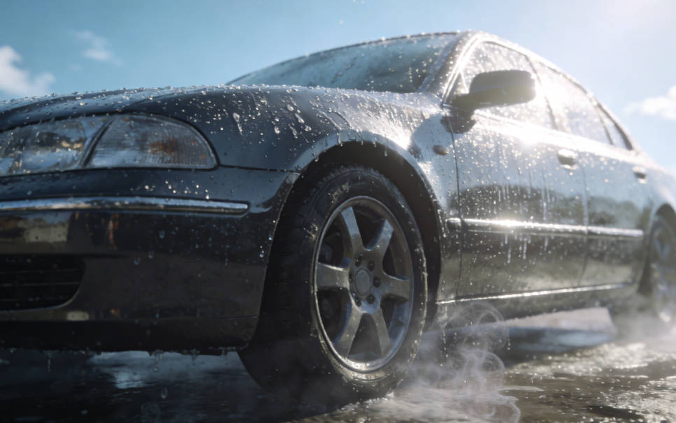 Car in sunshine after washing