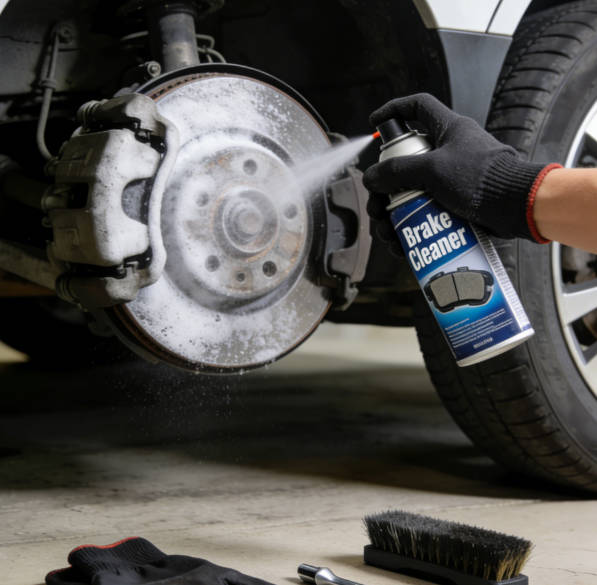 Spraying brake cleaner on brake rotor